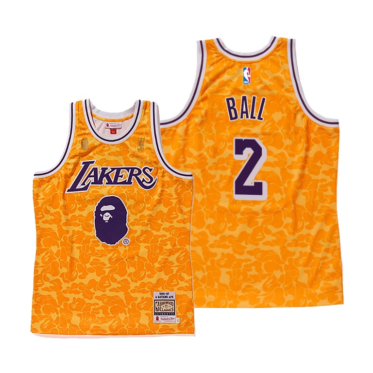 Men's Los Angeles Lakers Lonzo Ball #2 NBA Bape Camo Yellow Basketball Jersey ZSE8883OG